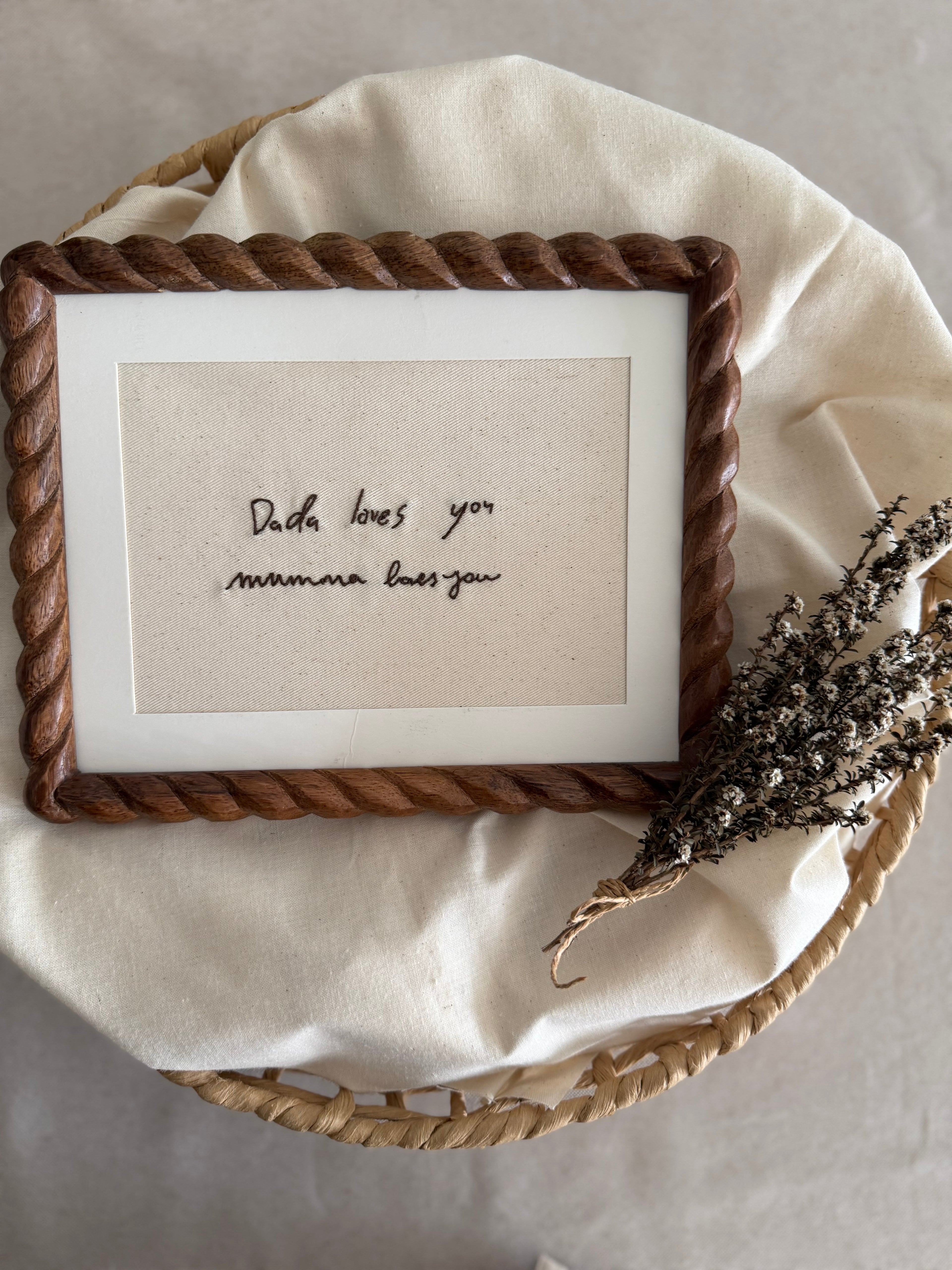 Hand embroidered handwritten note